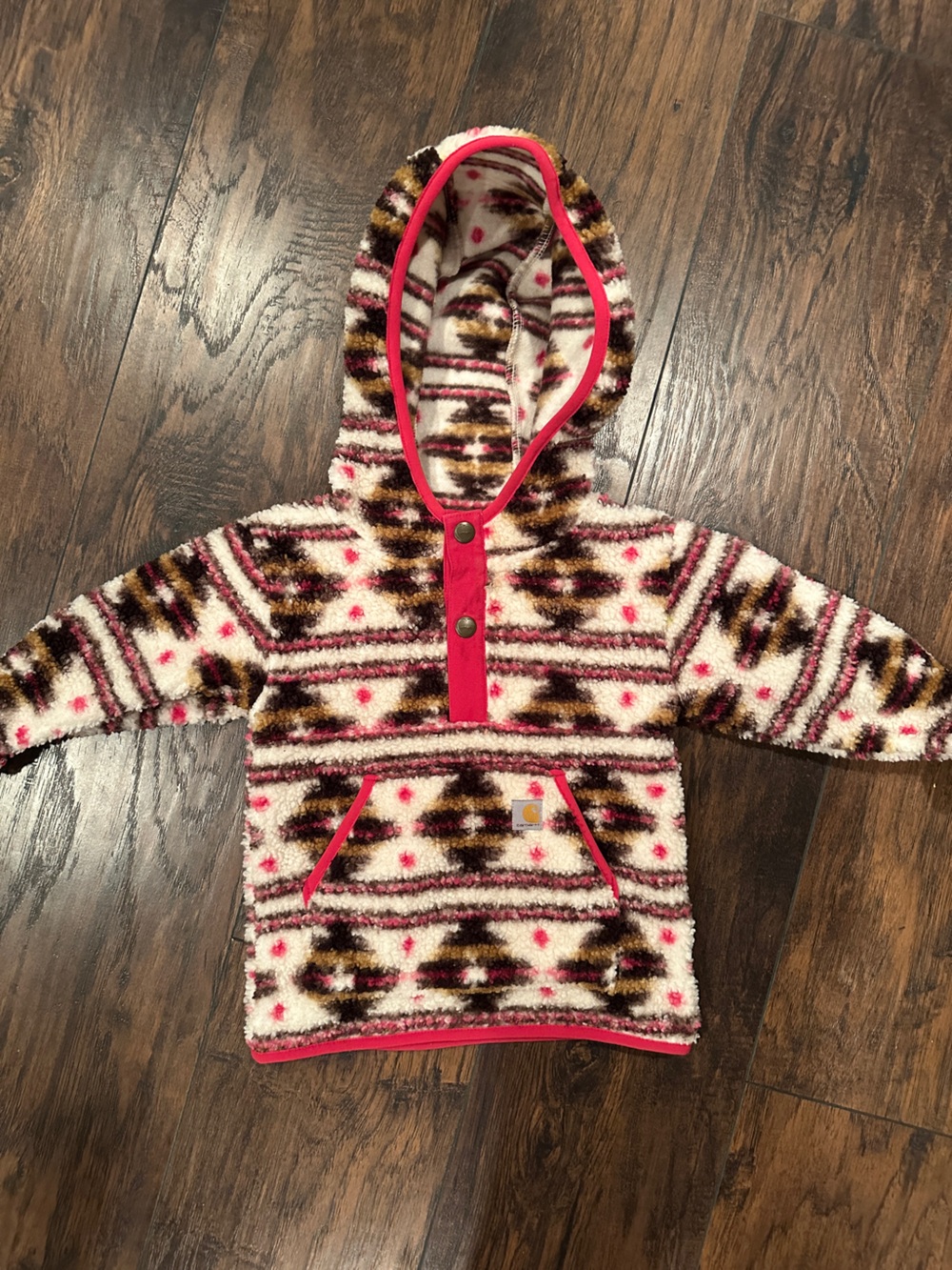 Carhartt Cream Sherpa Hoodie with Pink and Brown Geometric Print